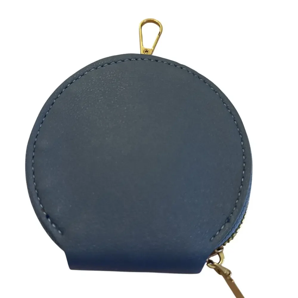 NWT Round Blue PU LeatherCoin Pouch - Portable Makeup Ear Bud Case with Keychain